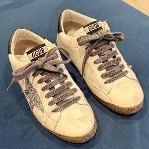 Golden Goose White leather Sneakers with Glitter Star and Gray Laces